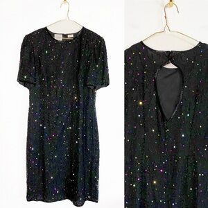 Vtg STENAY Black Beaded Silk Rainbow sequins Formal Dress Womens size 14